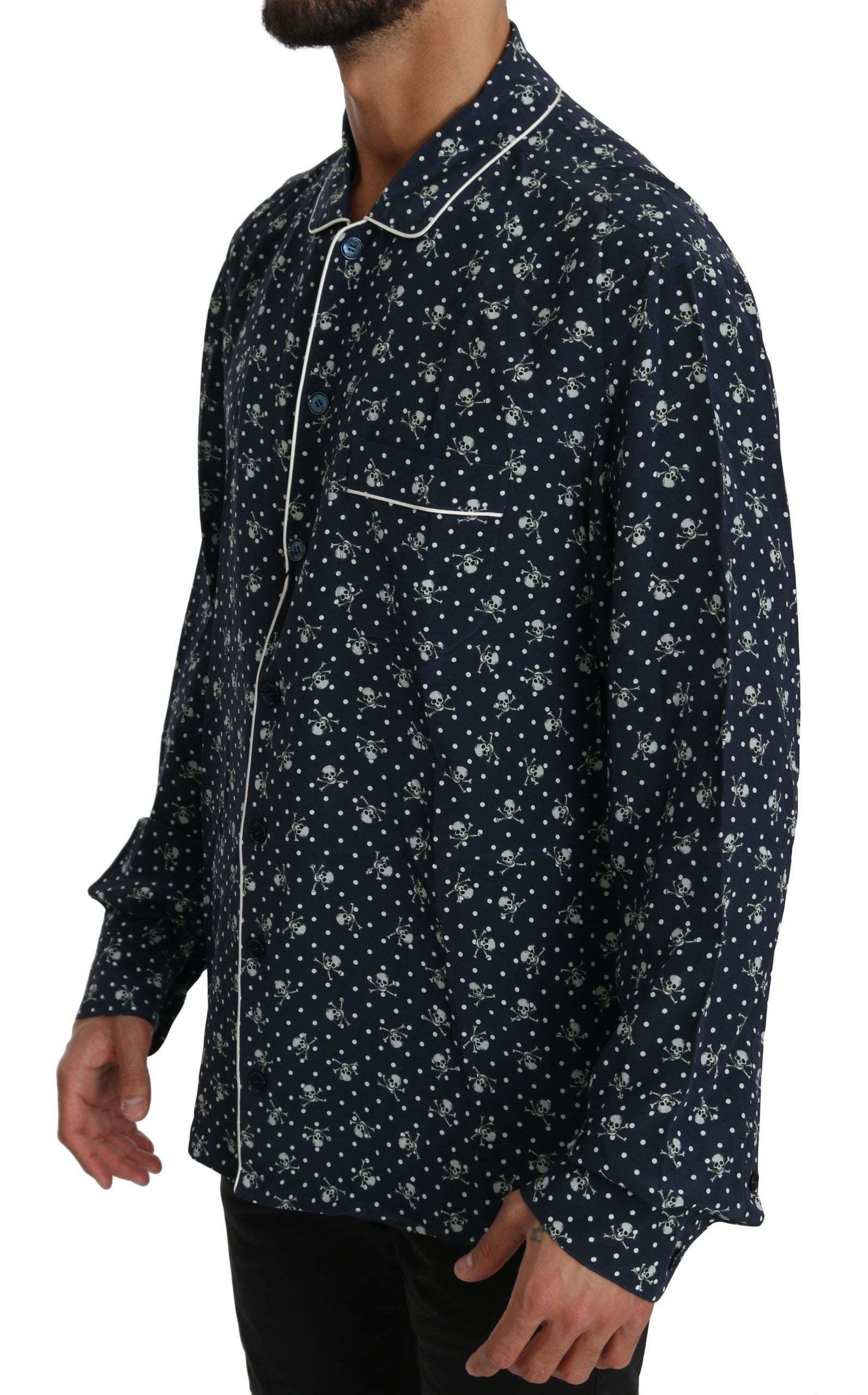 Dolce &amp; Gabbana Élégance soyeuse : chemise de détente bleue à imprimé tête de mort