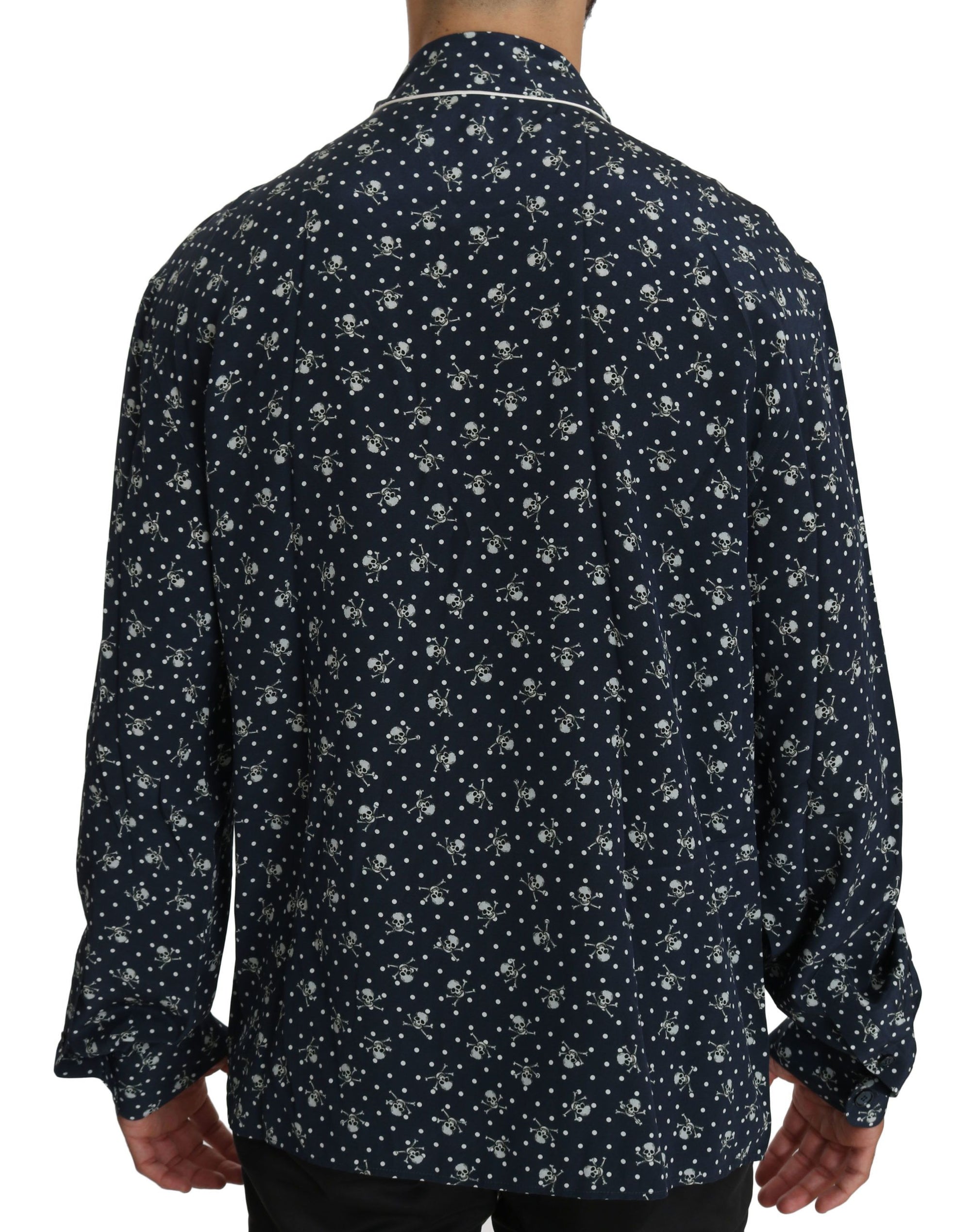 Dolce &amp; Gabbana Élégance soyeuse : chemise de détente bleue à imprimé tête de mort