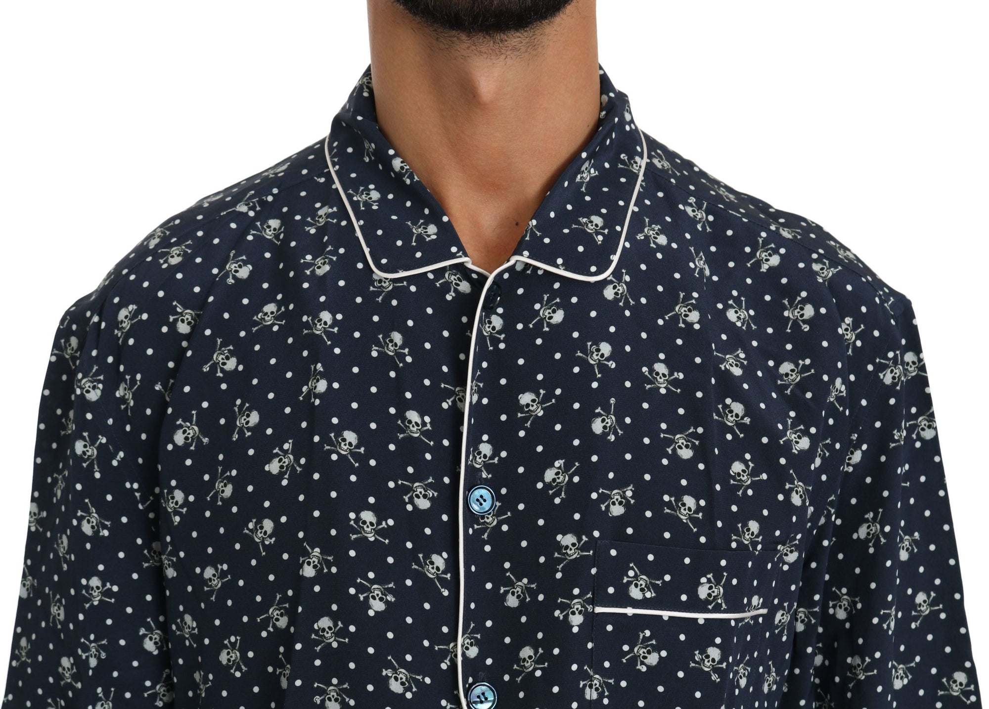 Dolce &amp; Gabbana Élégance soyeuse : chemise de détente bleue à imprimé tête de mort