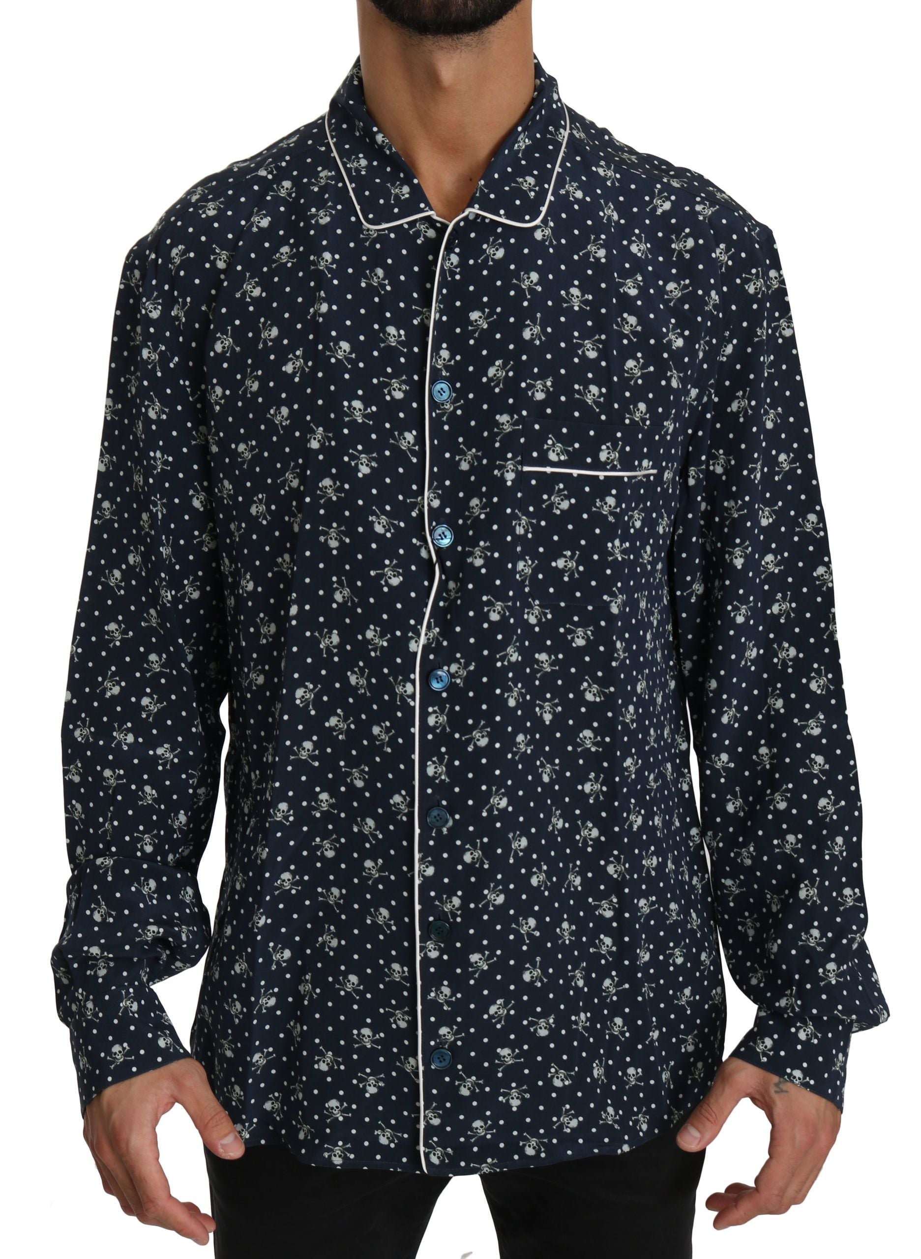 Dolce &amp; Gabbana Élégance soyeuse : chemise de détente bleue à imprimé tête de mort