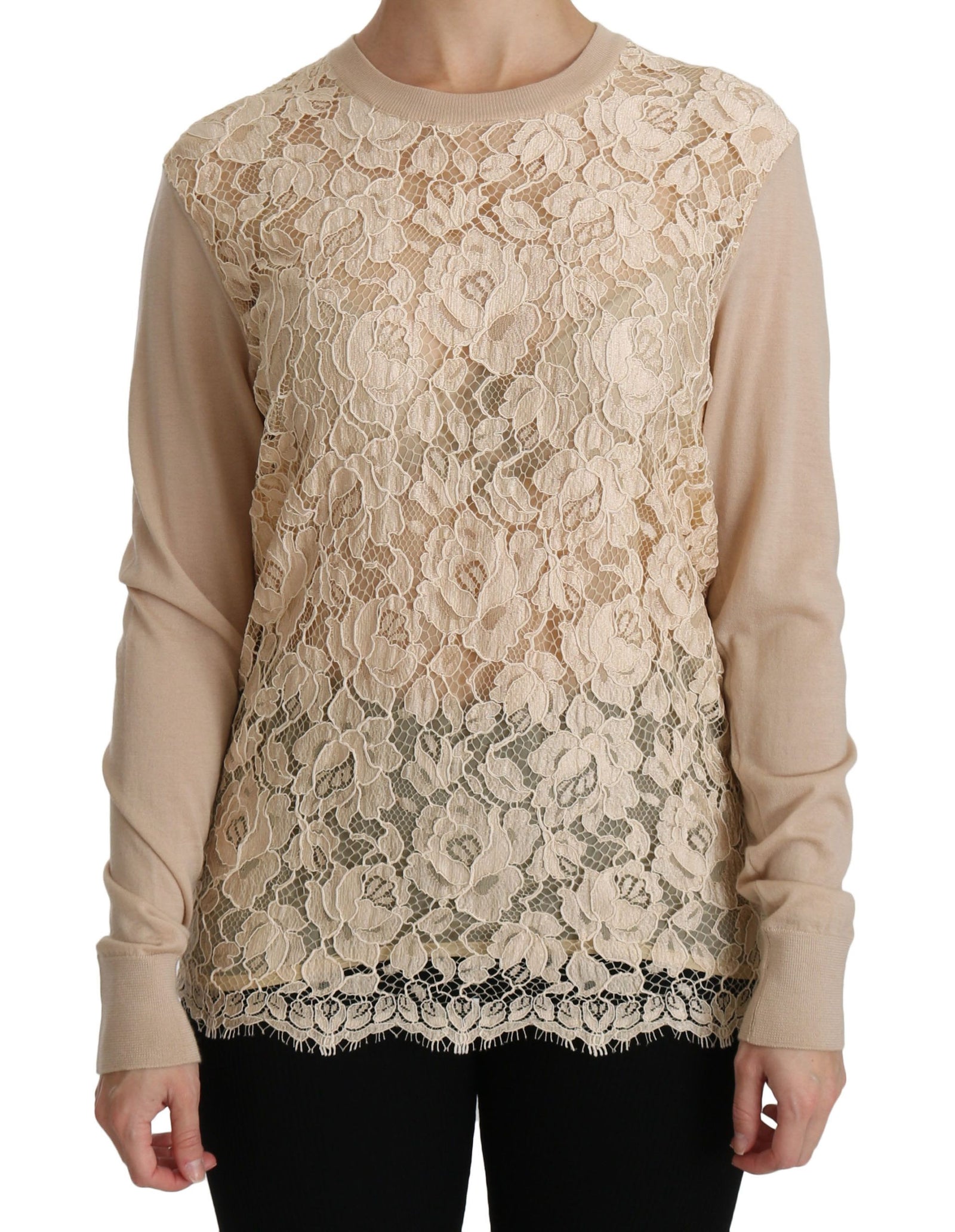 Dolce &amp; Gabbana Élégant chemisier en cachemire à col ras du cou en dentelle beige