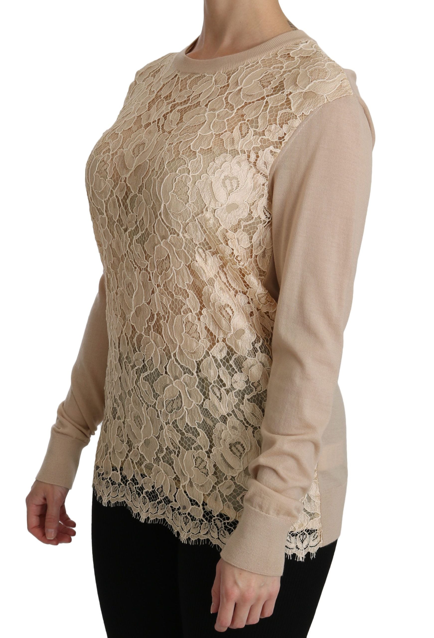 Dolce &amp; Gabbana Élégant chemisier en cachemire à col ras du cou en dentelle beige