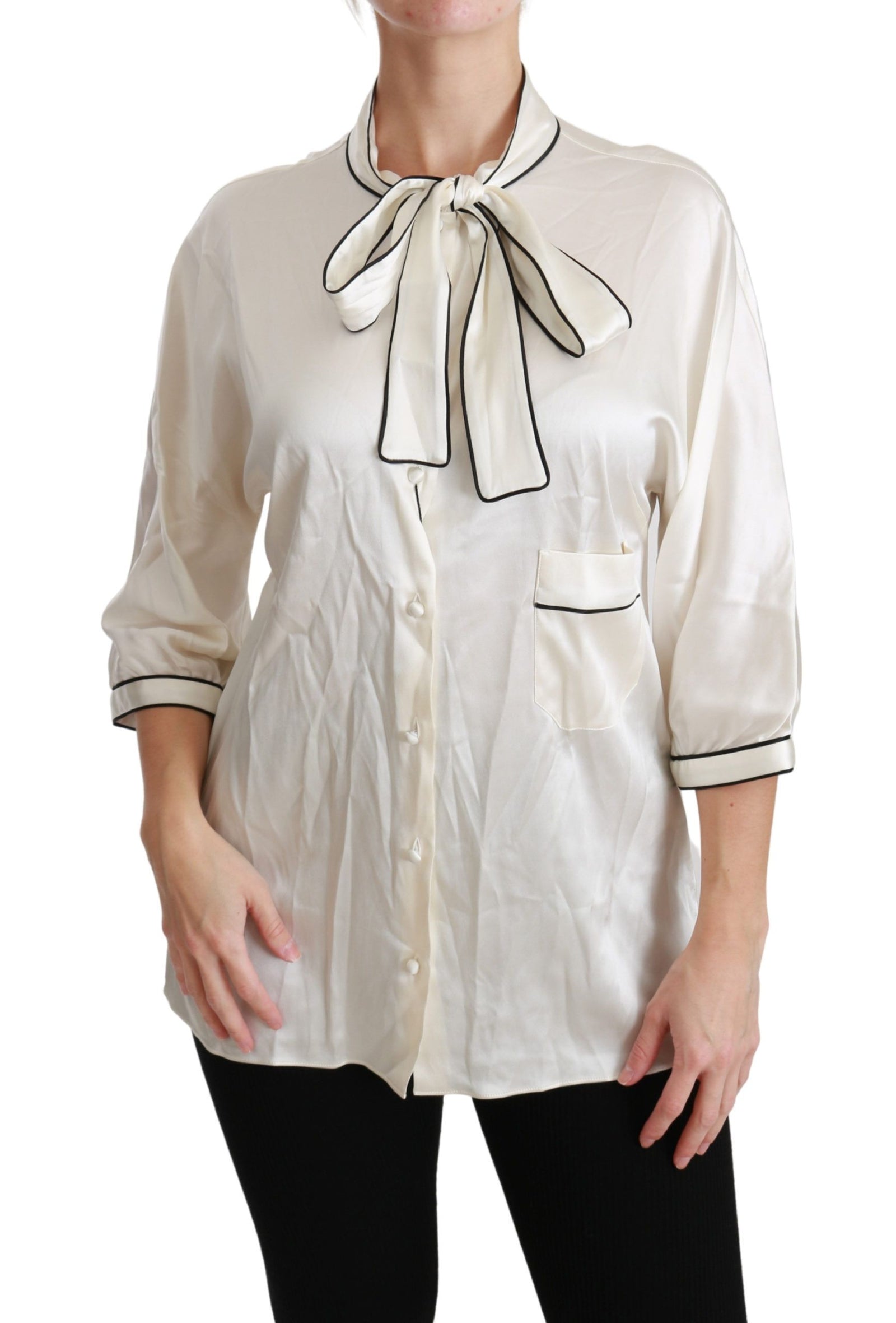 Dolce & Gabbana Élégant chemisier en soie beige avec foulard à nœud