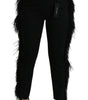 Dolce & Gabbana Black Feather Straight High Waist Wool Pants