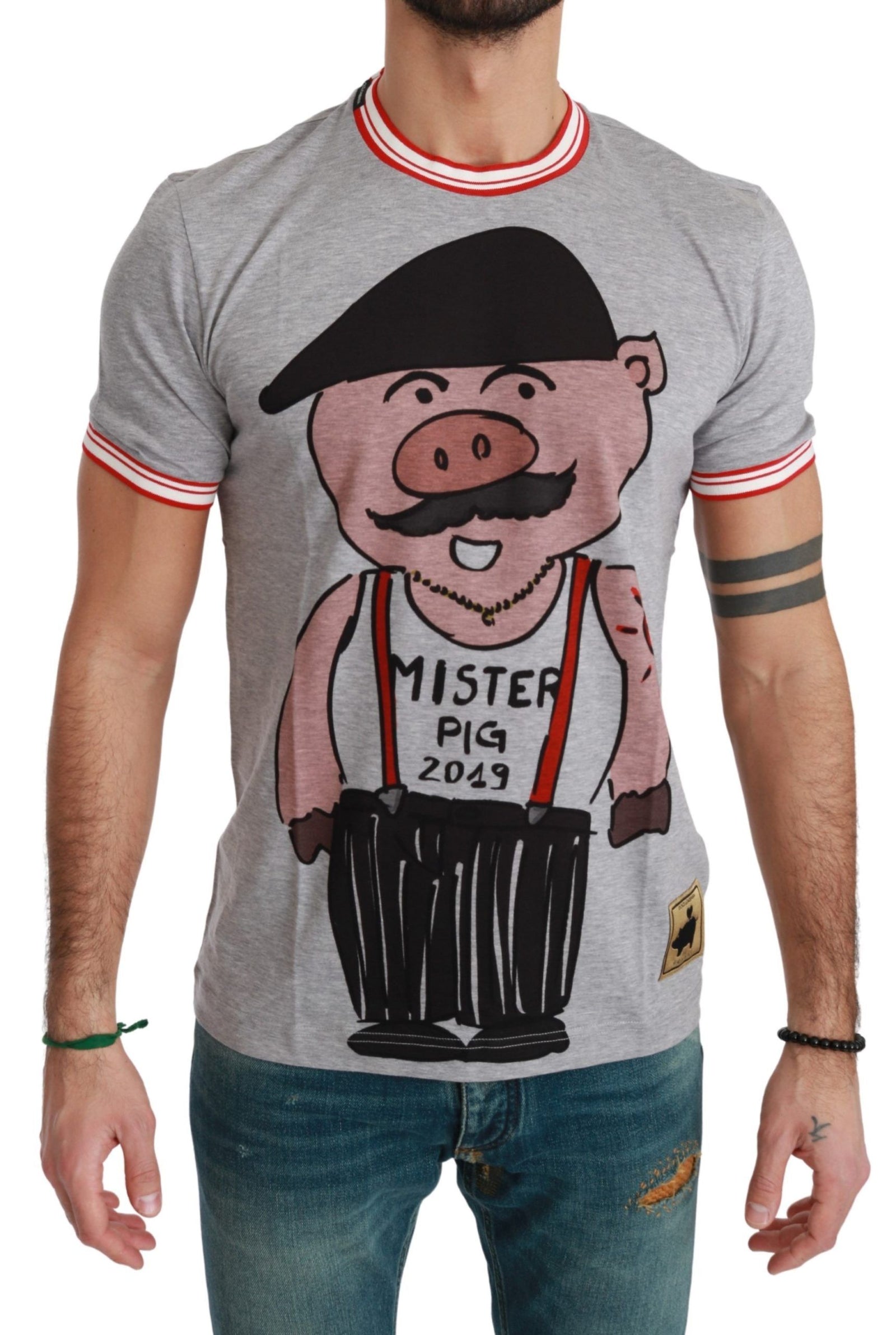 T-shirt Dolce &amp; Gabbana Chic en coton gris avec motif Année du Cochon