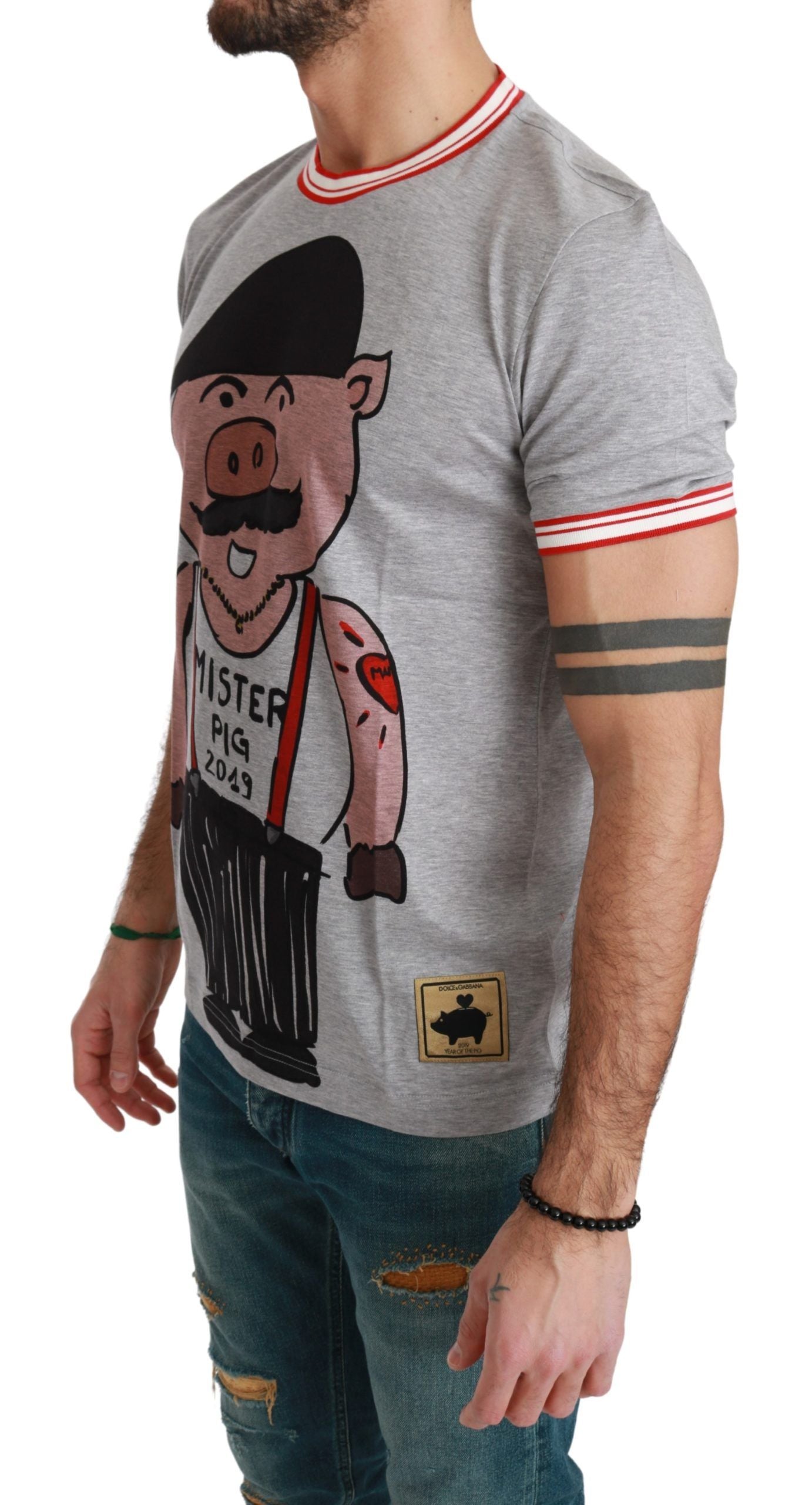 T-shirt Dolce &amp; Gabbana Chic en coton gris avec motif Année du Cochon