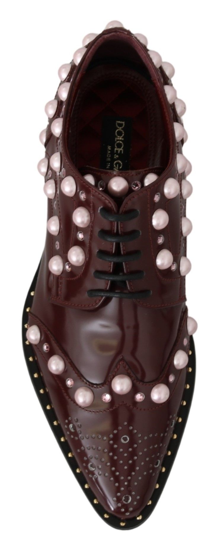 Dolce &amp; Gabbana Elegant Bordeaux Lace-Up Flats with Pearls and Crystals