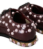Dolce &amp; Gabbana Elegant Bordeaux Lace-Up Flats with Pearls and Crystals