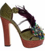 Dolce & Gabbana Green Leather Crystal Platform Sandal Shoes