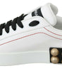 Dolce & Gabbana White Leather Crystal Roses Floral Sneakers Shoes