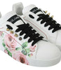 Dolce & Gabbana White Leather Crystal Roses Floral Sneakers Shoes