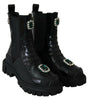 Dolce & Gabbana Black Leather Crystal Combat Boots