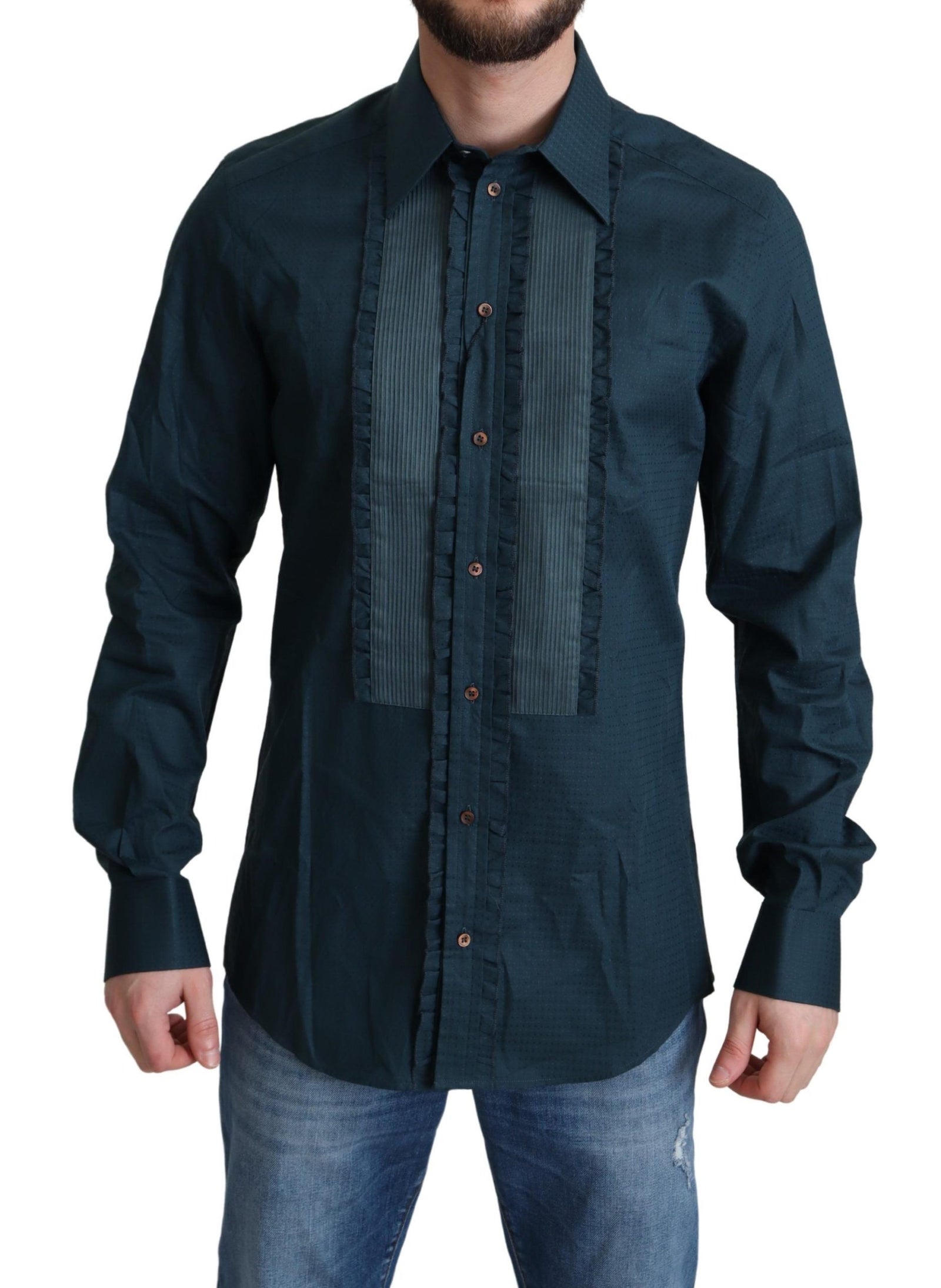 Chemise de smoking bleue élégante à volants Dolce &amp; Gabbana