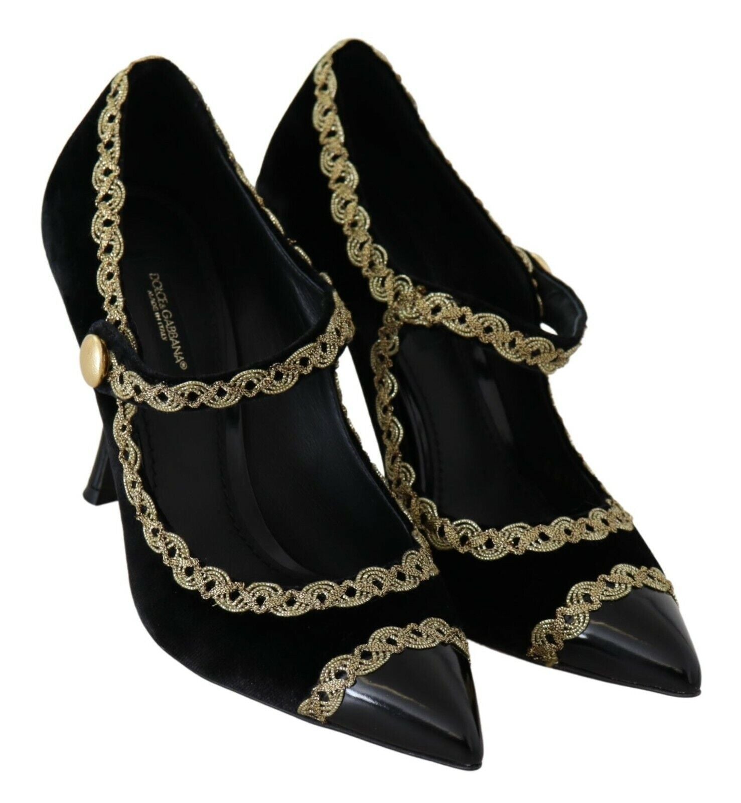 Escarpins élégants en velours noir brodés d'or Dolce &amp; Gabbana