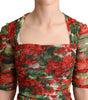 Dolce & Gabbana Red Floral Print Tulle Sheath Midi Dress