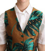 Dolce & Gabbana Green Jacquard Leaf Gold Waistcoat Vest