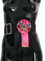 Dolce & Gabbana Black Pink Flower Brooch Crystals Cotton Belt