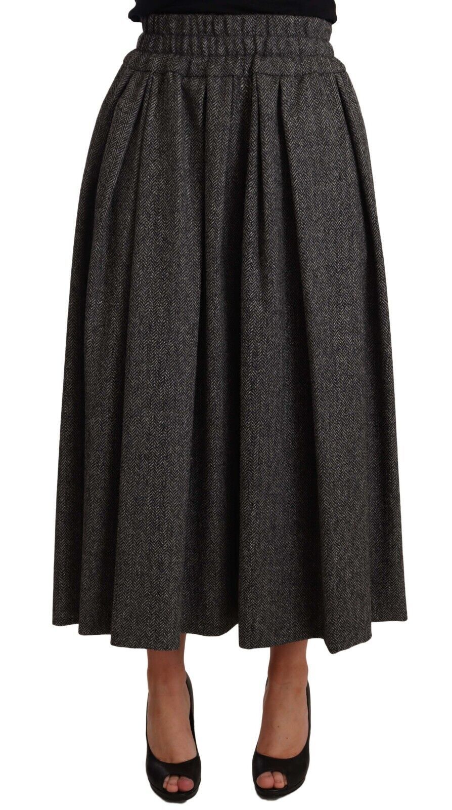 Dolce &amp; Gabbana Elegant A-Line Midi Wool Skirt in Gray Zigzag