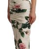 Dolce & Gabbana White Roses Print Stretch Silk Pleated Dress