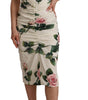 Dolce & Gabbana White Roses Print Stretch Silk Pleated Dress