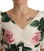 Dolce & Gabbana White Roses Print Stretch Silk Pleated Dress