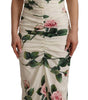 Dolce & Gabbana White Roses Print Stretch Silk Pleated Dress