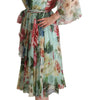 Dolce & Gabbana Green Floral Long Sleeves V-neck Midi Dress