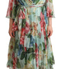 Dolce & Gabbana Green Floral Long Sleeves V-neck Midi Dress
