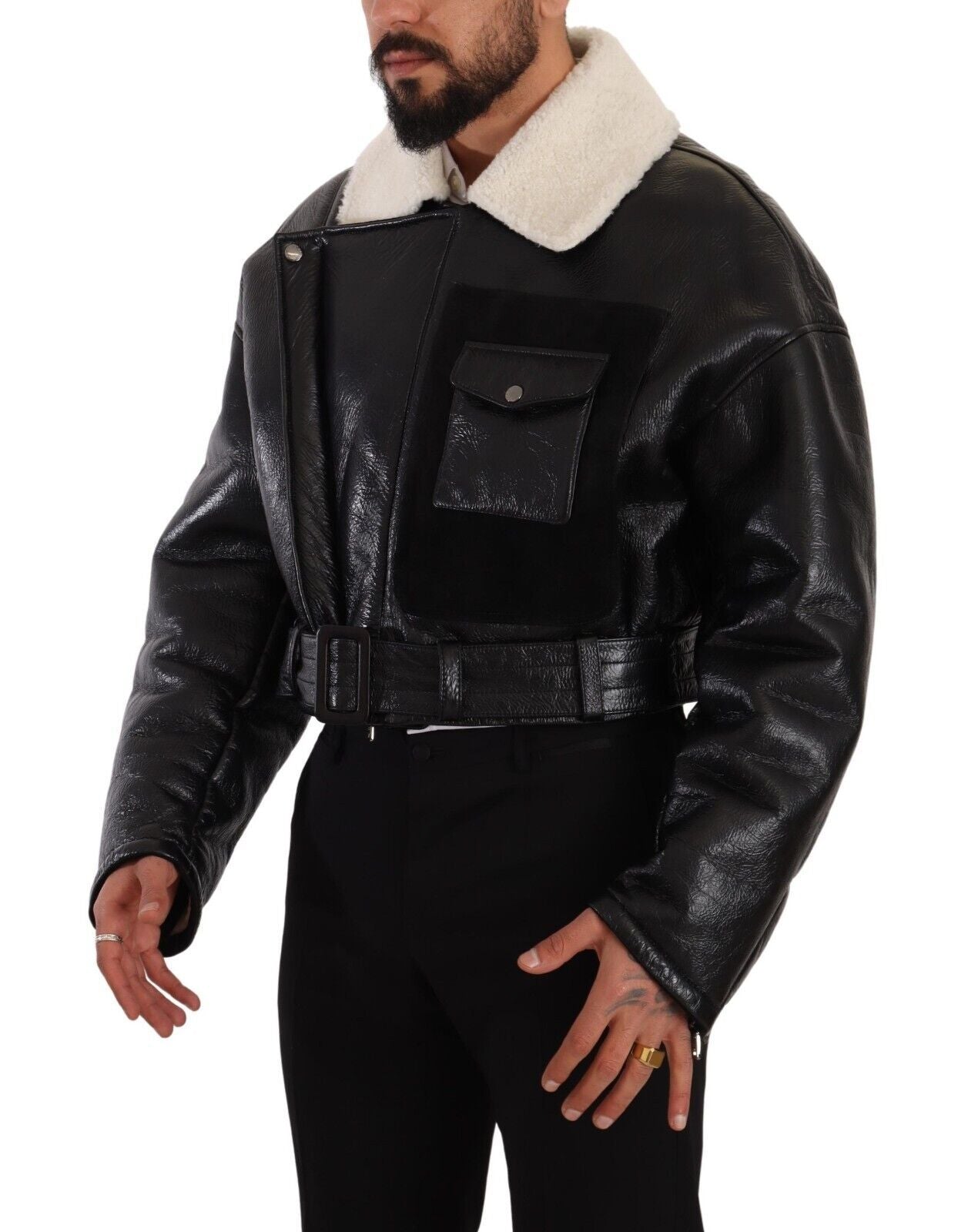 Dolce & Gabbana Black Leather Shearling Biker Coat Jacket
