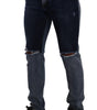 Dolce & Gabbana Blue Two Tone Tattered Cotton Slim Denim Jeans