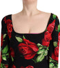 Dolce & Gabbana Black Red Roses Sheath Stretch Silk Dress