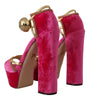 Dolce & Gabbana Pink Velvet Crystal Ankle Strap Sandals Shoes