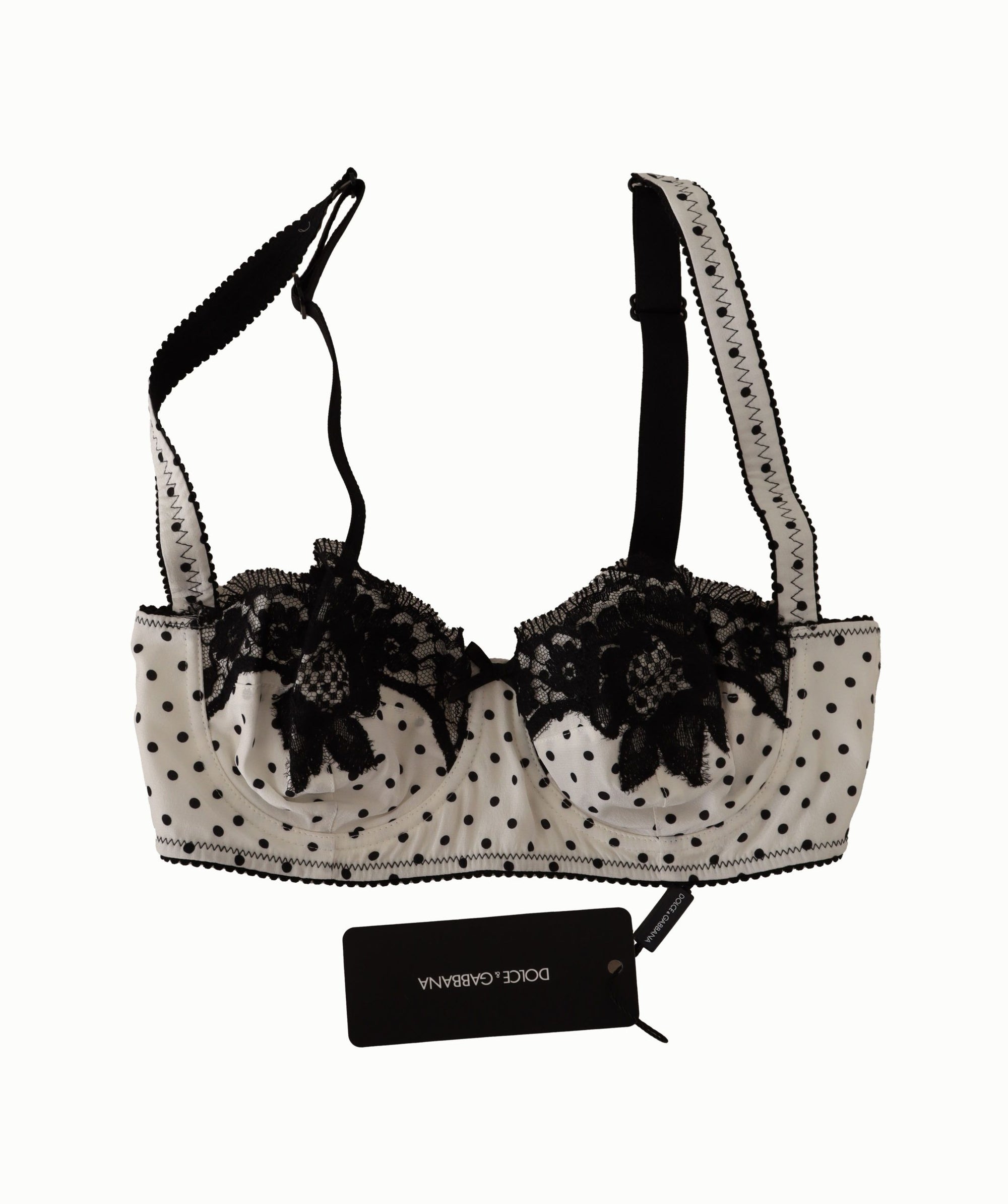 Dolce & Gabbana White Black Polka Dot Satin Lace Balconette Bra