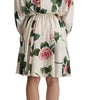 Dolce & Gabbana White Rose Print Long Sleeves A-line Dress