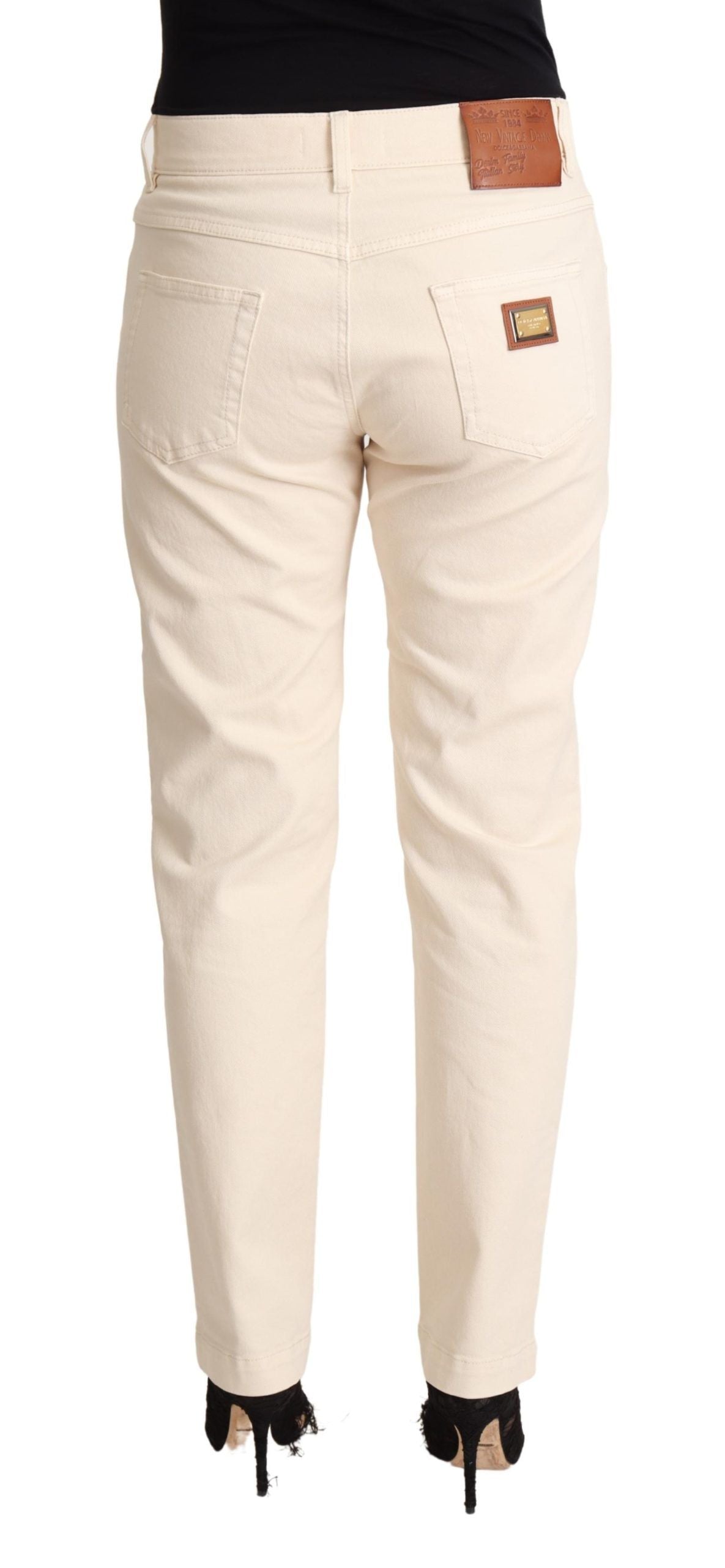 Dolce &amp; Gabbana Chic White Skinny Boyfriend Jeans with Logo Plaque