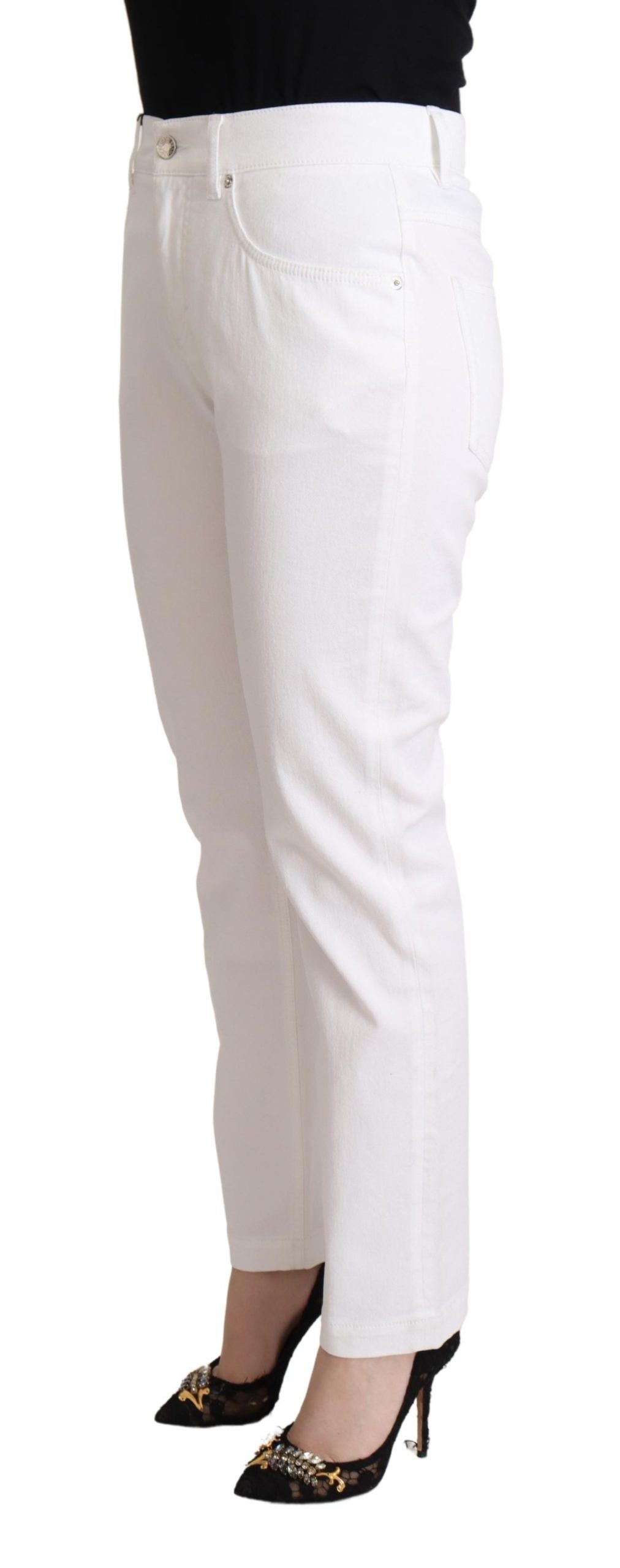 Dolce &amp; Gabbana Chic White Tapered Denim Jeans with Logo Patch