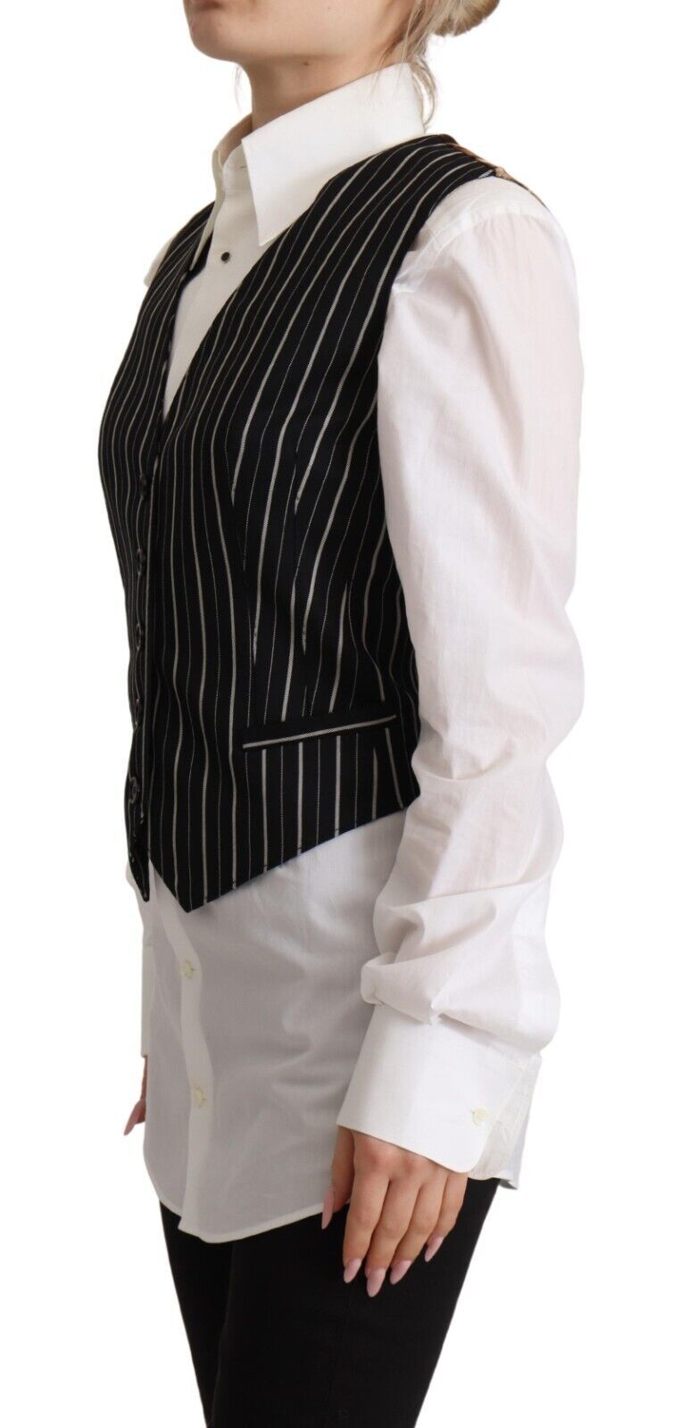 Dolce & Gabbana Black Stripes Wool V-neck Sleeveless Button Vest Top
