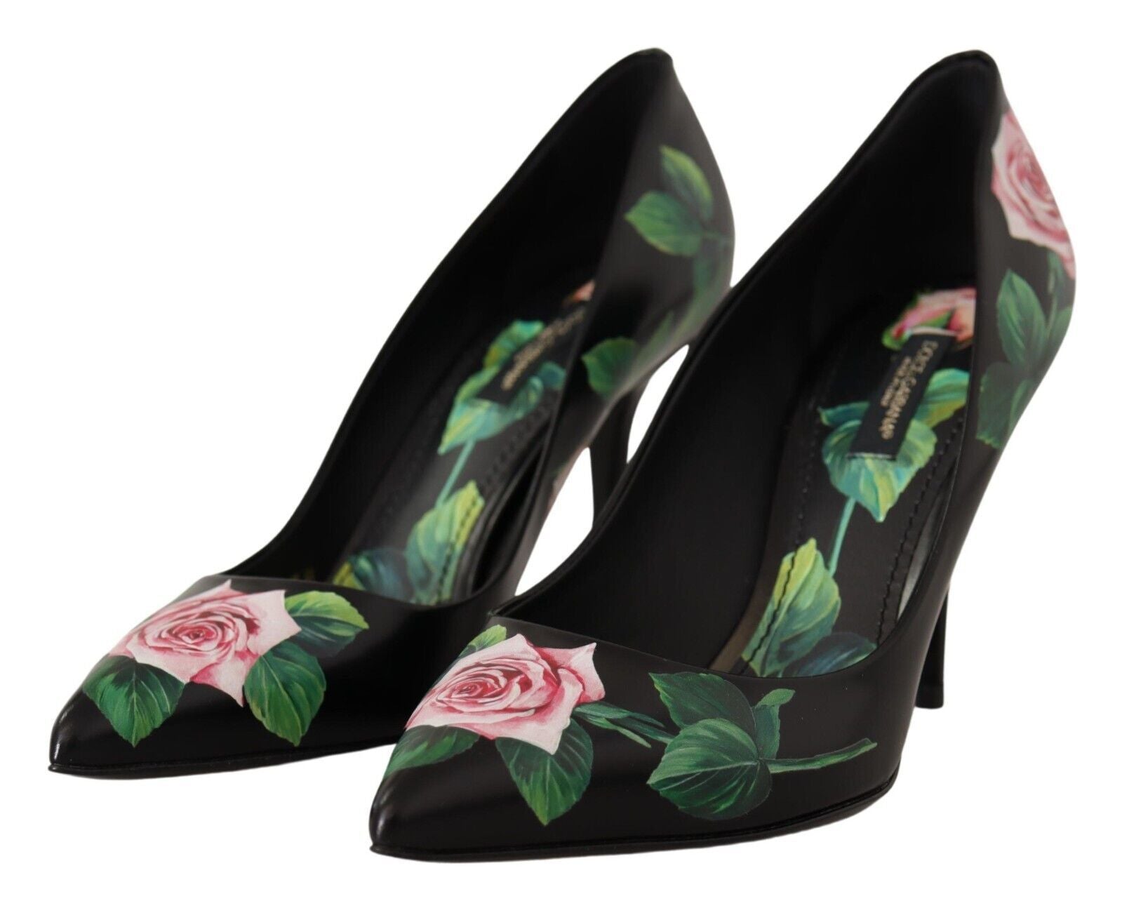 Dolce &amp; Gabbana - Escarpins élégants en cuir noir à imprimé roses