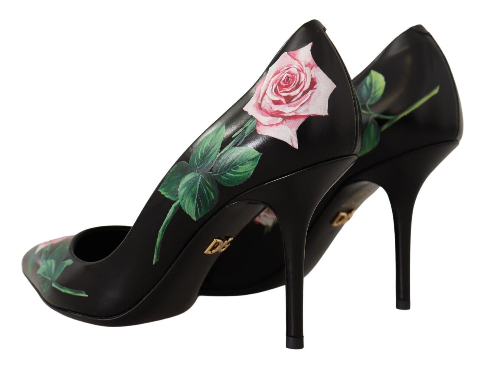 Dolce &amp; Gabbana - Escarpins élégants en cuir noir à imprimé roses