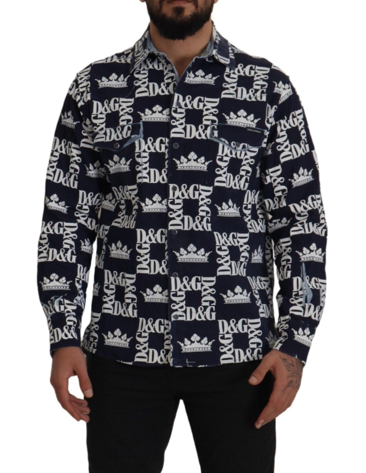 Chemise élégante coupe slim bleue à motif couronne Dolce &amp; Gabbana