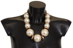 Dolce & Gabbana Gold Brass White Maxi Faux Pearl Beads Crystals Necklace