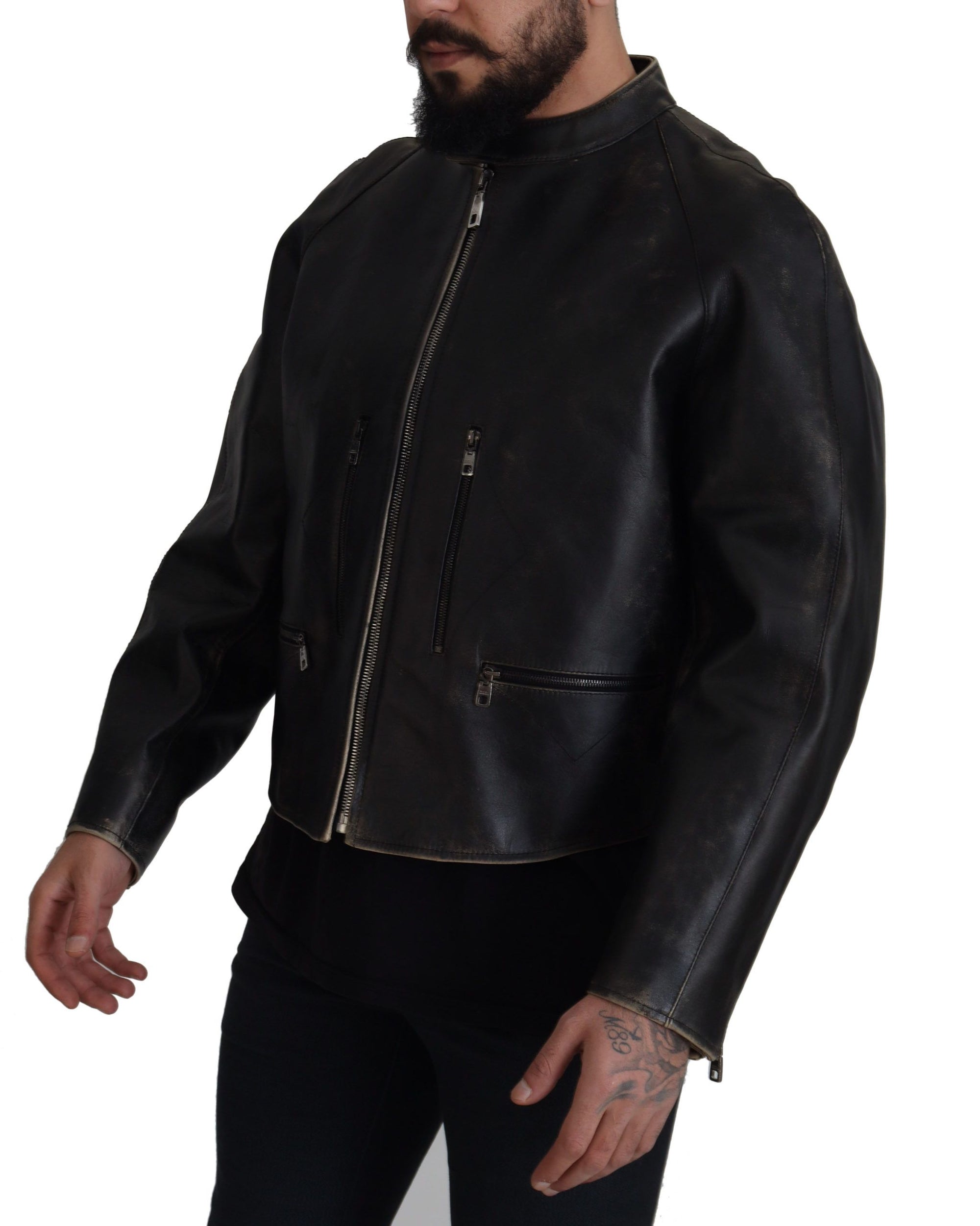 Dolce & Gabbana Black Leather Zipper Biker Coat Jacket