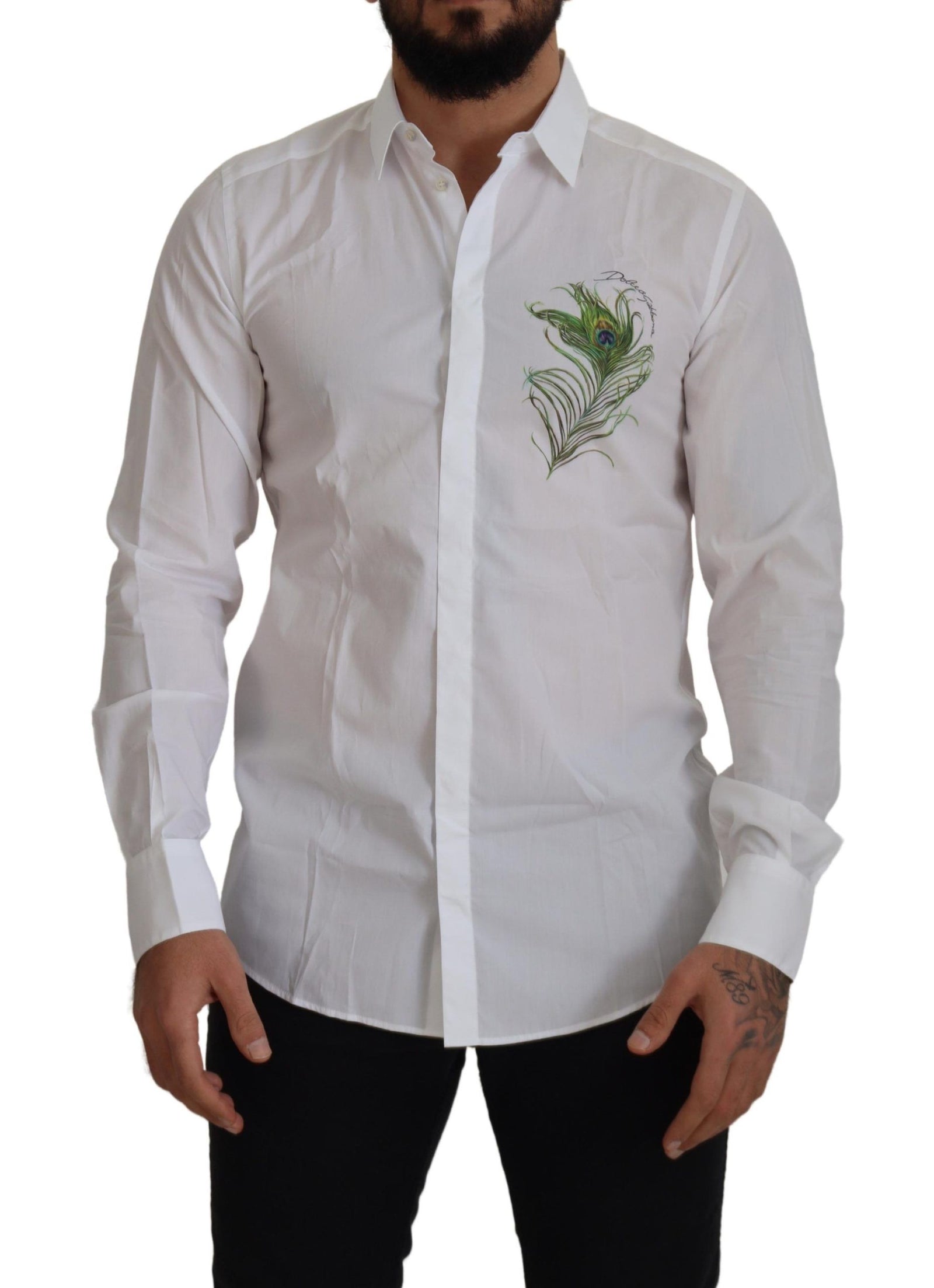 Chemise élégante à plumes de paon blanches Dolce &amp; Gabbana