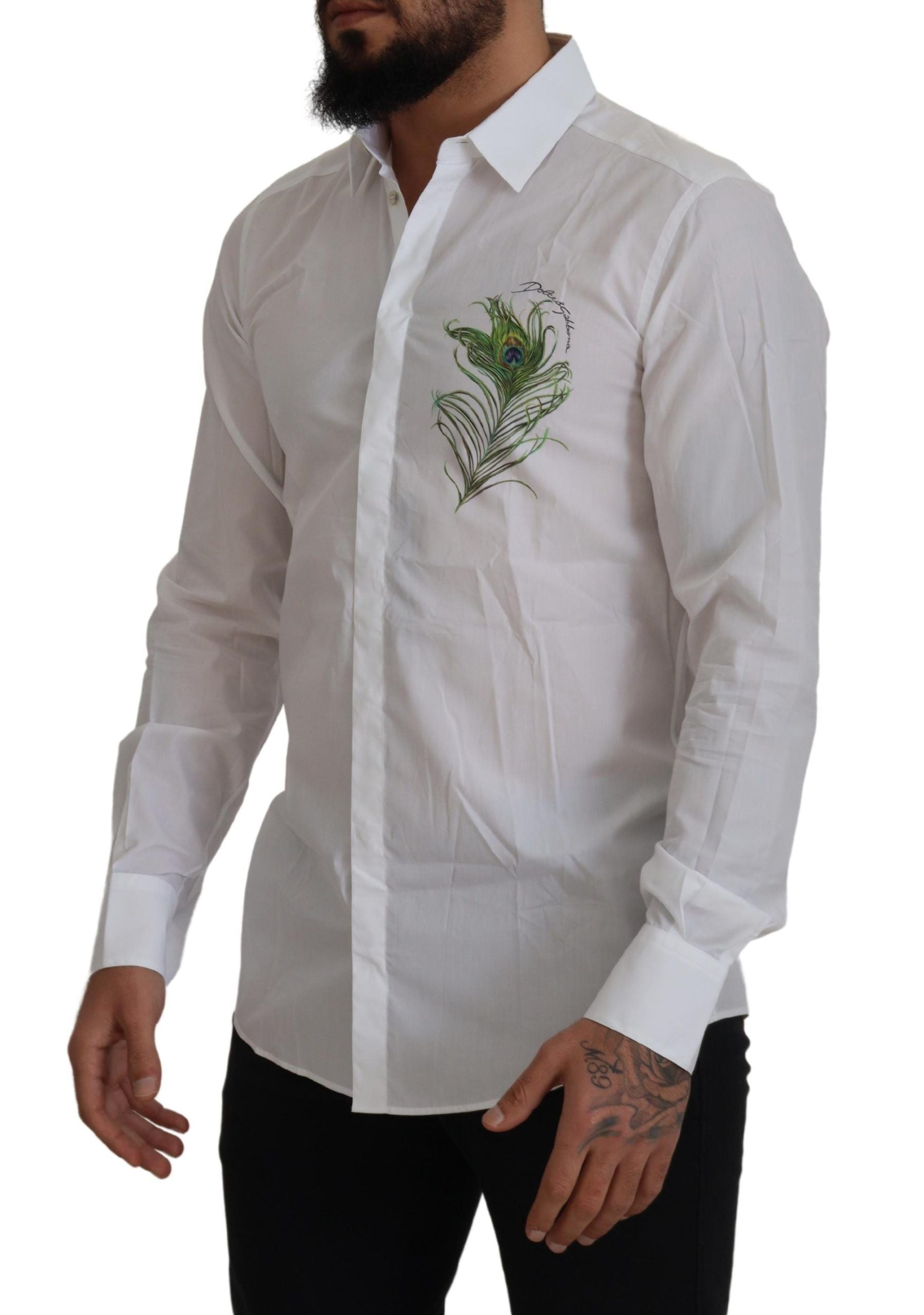 Chemise élégante à plumes de paon blanches Dolce &amp; Gabbana
