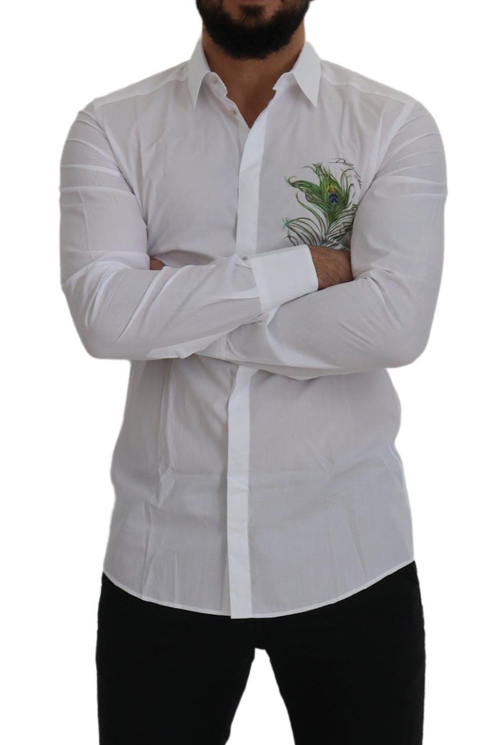 Chemise élégante à plumes de paon blanches Dolce &amp; Gabbana