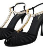 Dolce & Gabbana Black Satin Clear Crystal T-strap Sandal Shoes