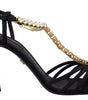 Dolce & Gabbana Black Satin Clear Crystal T-strap Sandal Shoes