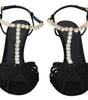 Dolce & Gabbana Black Satin Clear Crystal T-strap Sandal Shoes