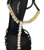 Dolce & Gabbana Black Satin Clear Crystal T-strap Sandal Shoes