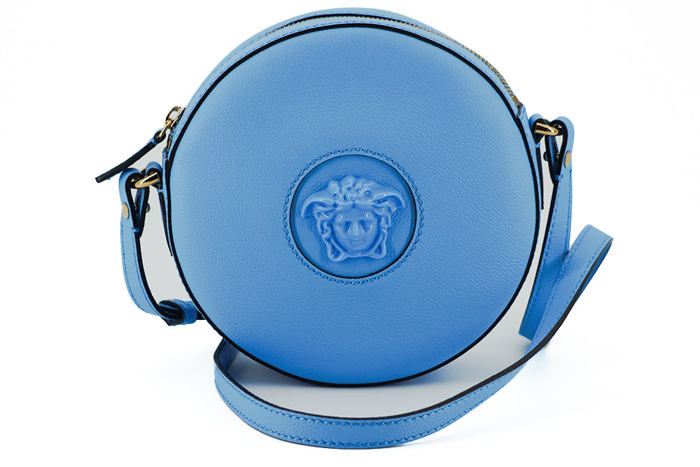 Sac à bandoulière rond en cuir bleu Versace Chic